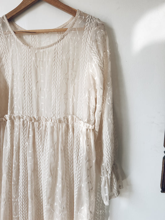 Light Beige Embroidered Long Sleeve Dress