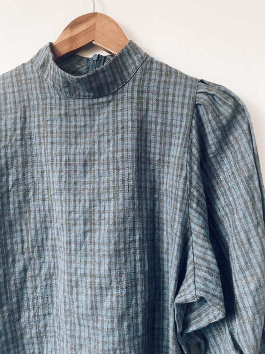 Blue/Black Checkered Long Sleeve Blouse