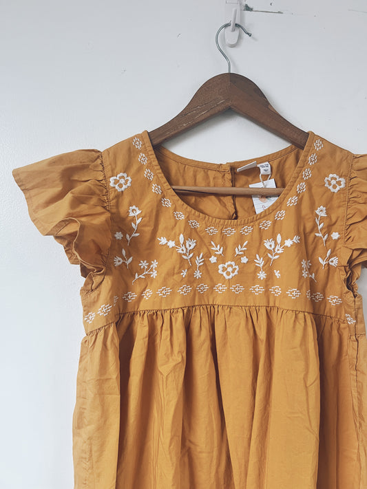 Golden Yellow with Embroidery Short Sleeve Dress
