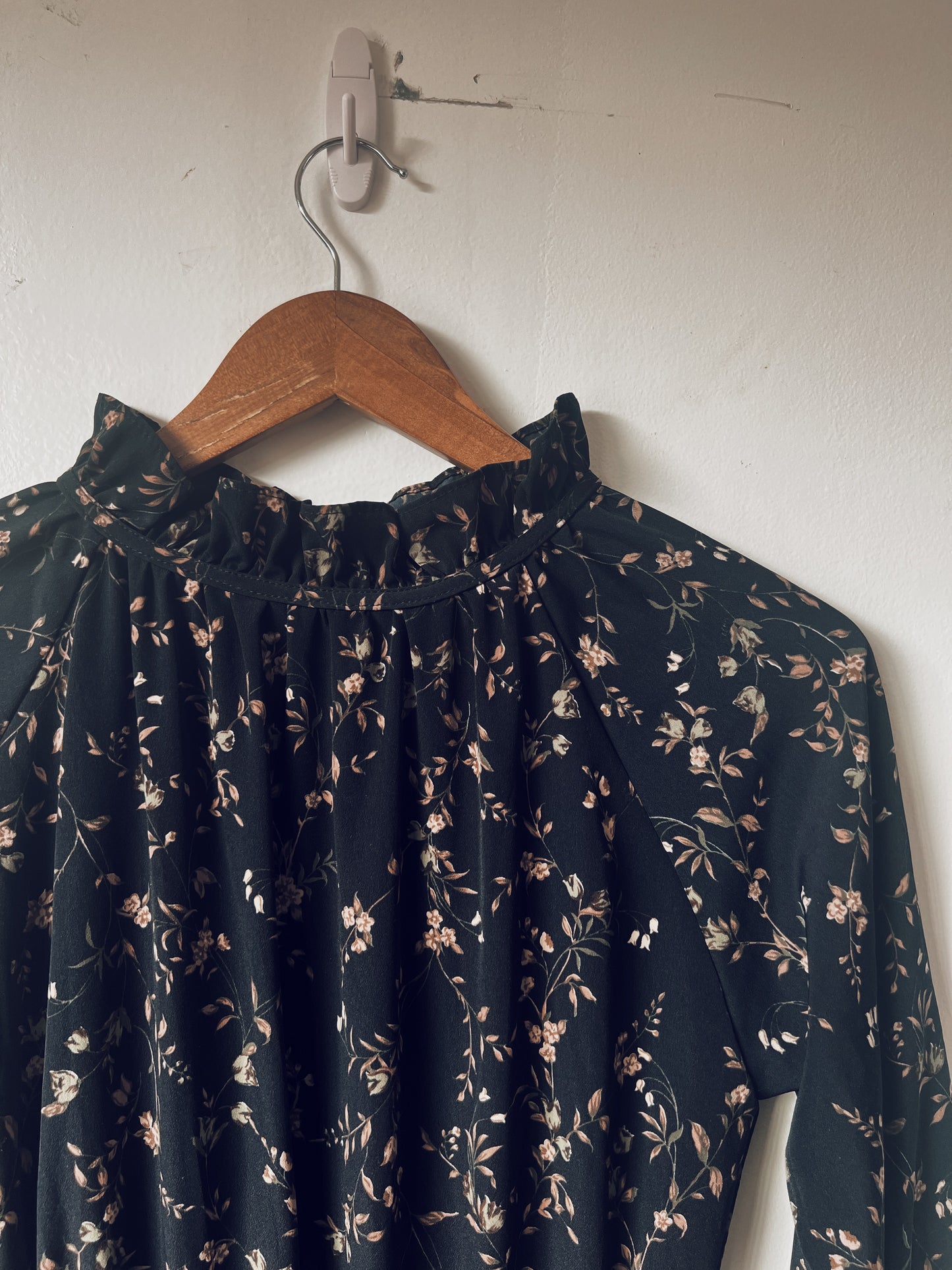Black Floral with Ruffle Collar Long Sleeve Dress
