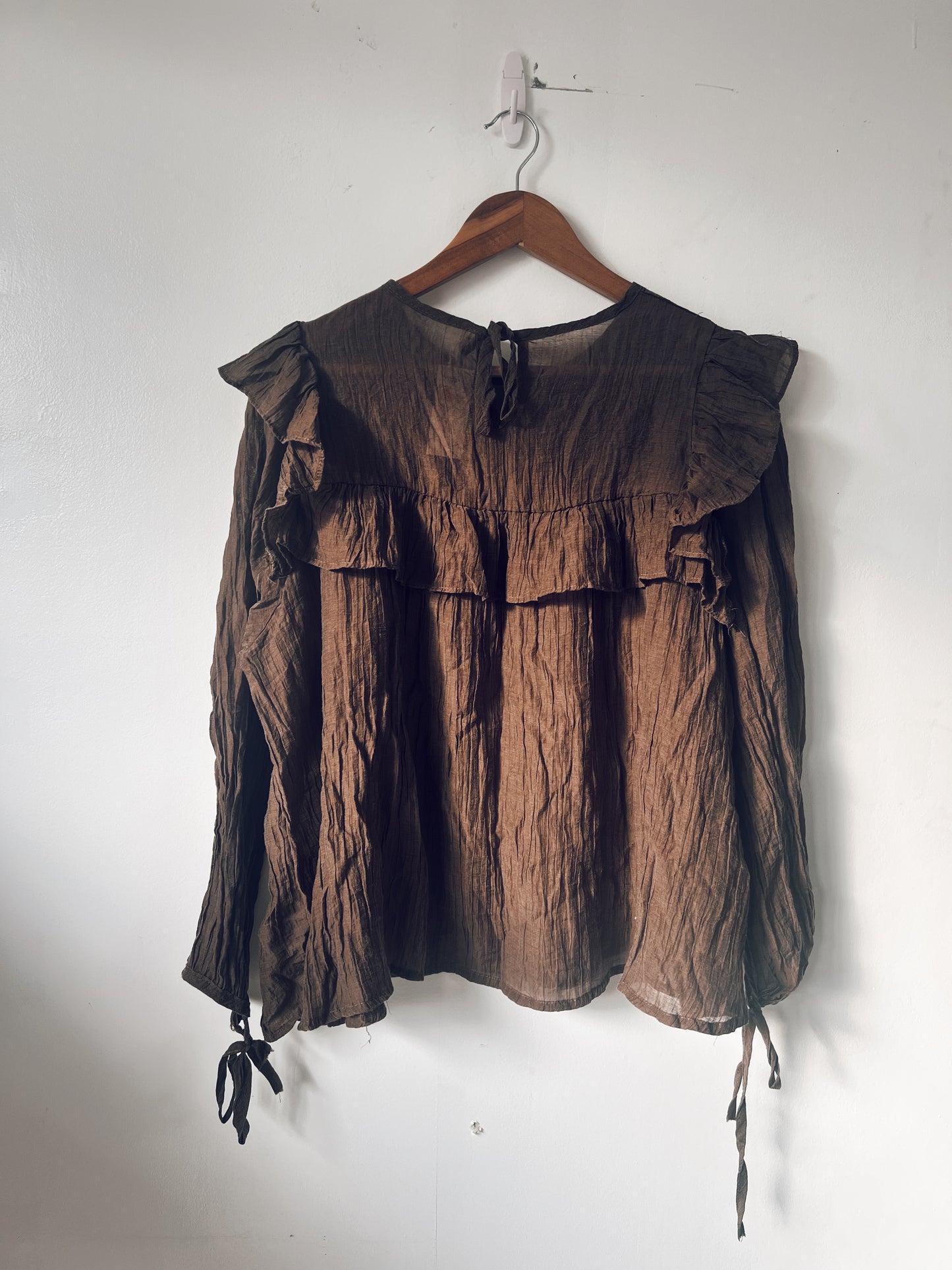 Brown Ruffle Long Sleeve Blouse