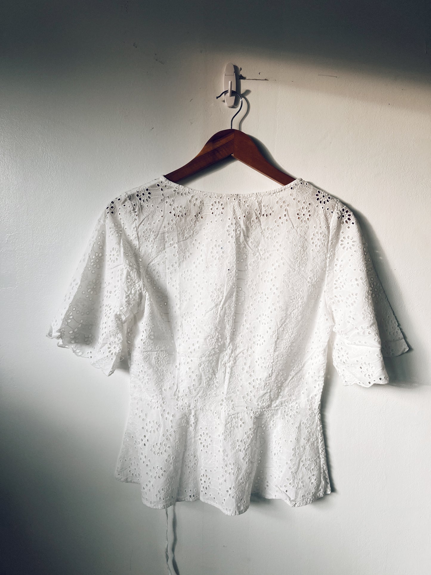 White Eyelet Wrap Around Short Sleeve Blouse