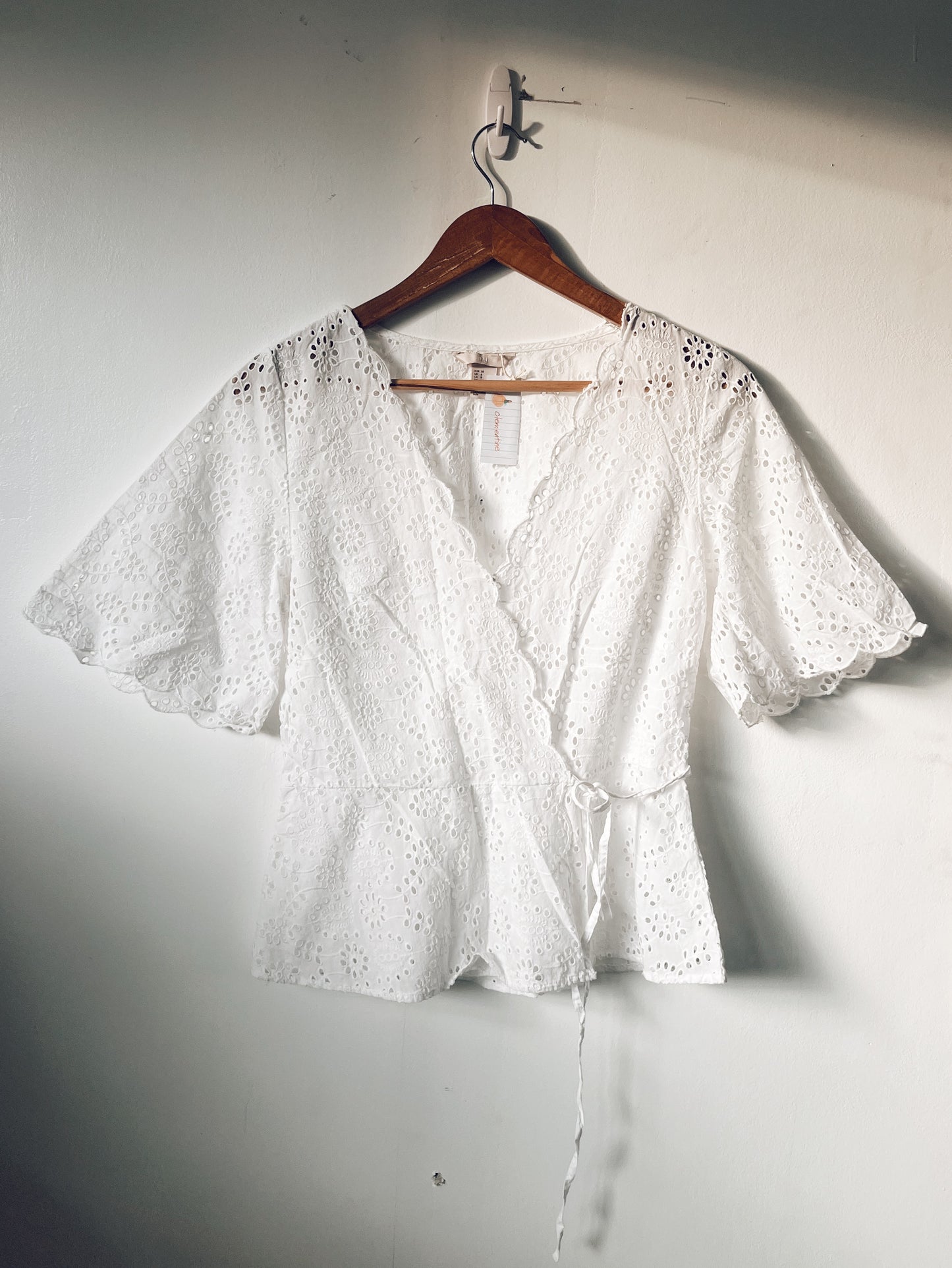 White Eyelet Wrap Around Short Sleeve Blouse