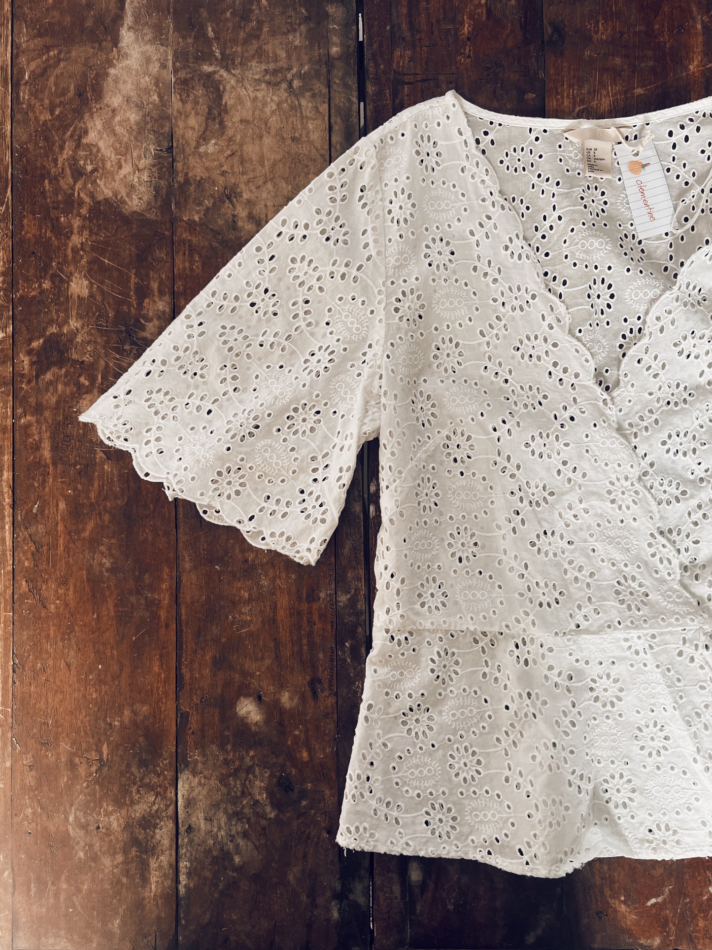 White Eyelet Wrap Around Short Sleeve Blouse