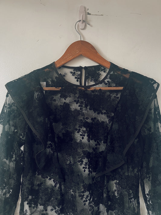 Black Dainty Floral Lace Long Sleeve Blouse