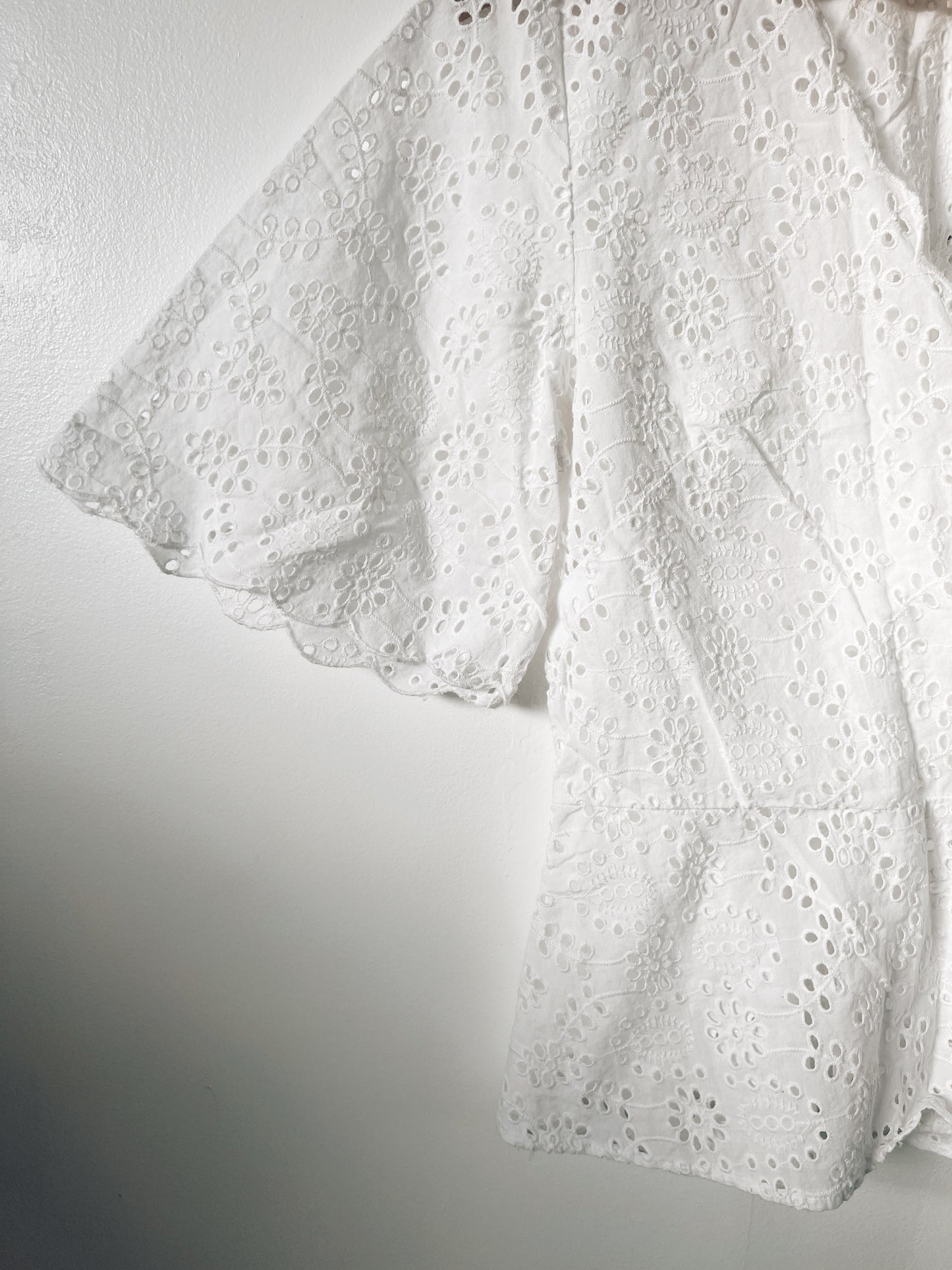 White Eyelet Wrap Around Short Sleeve Blouse