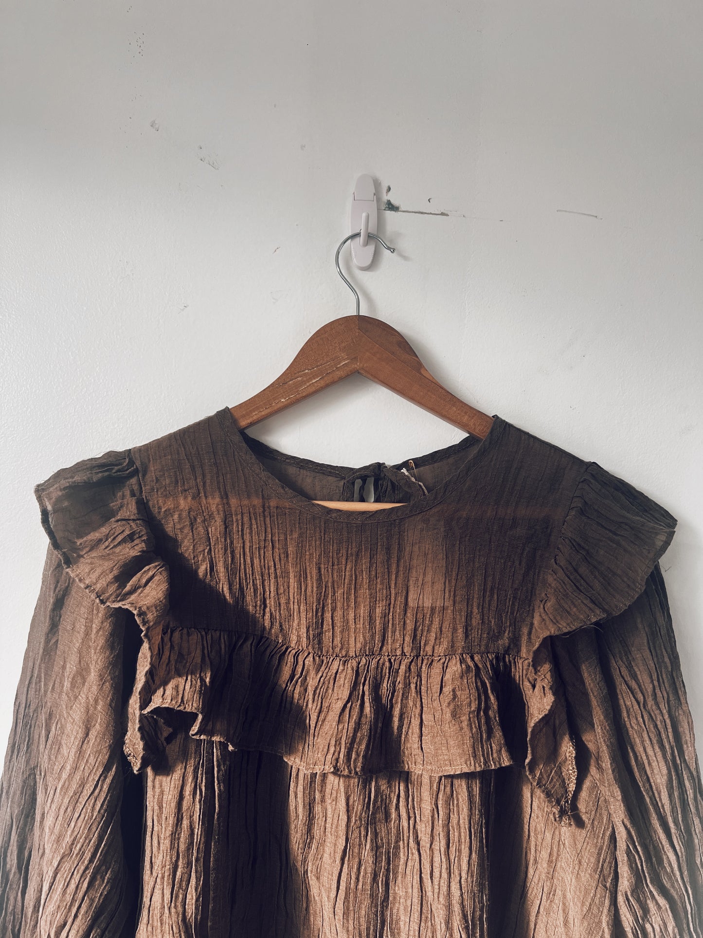 Brown Ruffle Long Sleeve Blouse