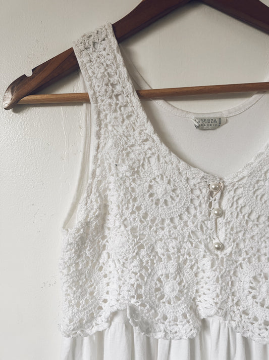 White Sleeveless Dress with Crochet Lace Design
