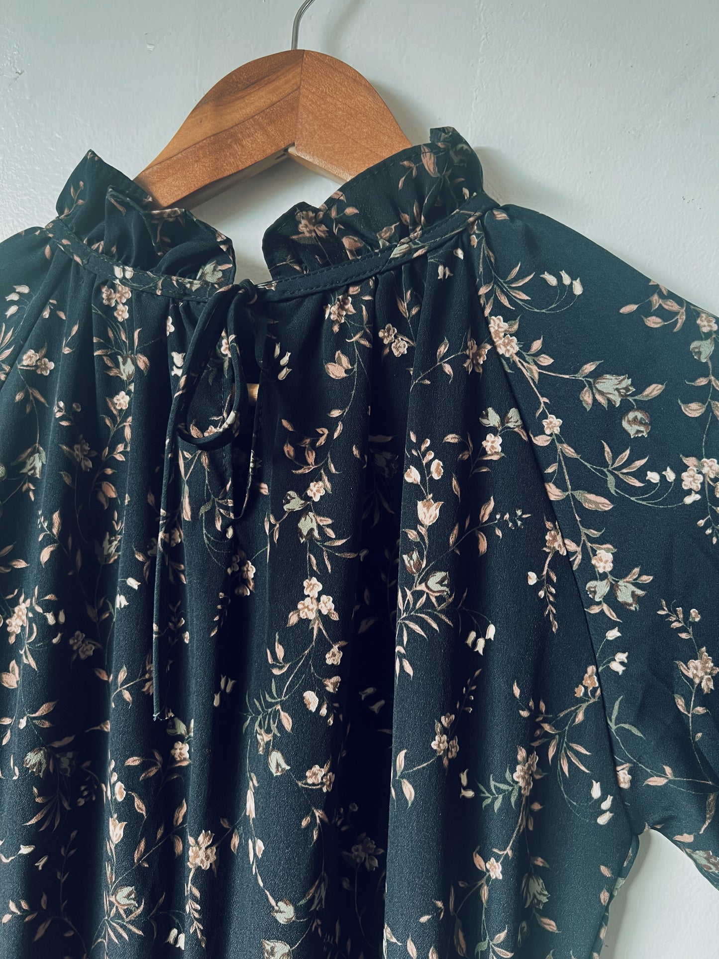 Black Floral with Ruffle Collar Long Sleeve Dress