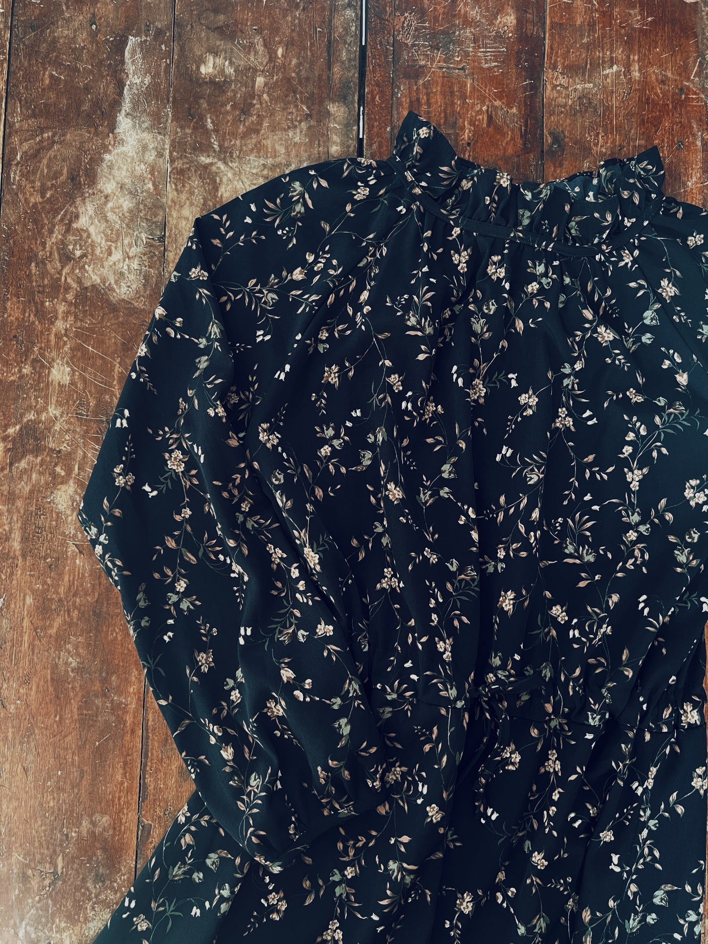 Black Floral with Ruffle Collar Long Sleeve Dress