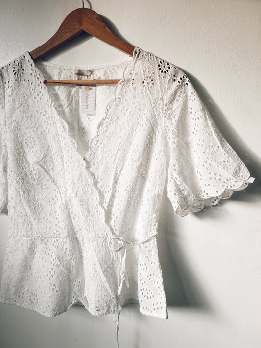 White Eyelet Wrap Around Short Sleeve Blouse