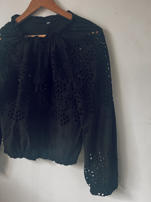 Black Eyelet Long Sleeve Blouse