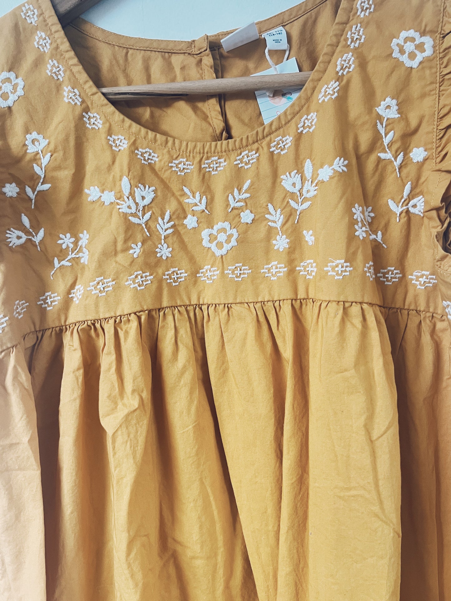 Golden Yellow with Embroidery Short Sleeve Dress