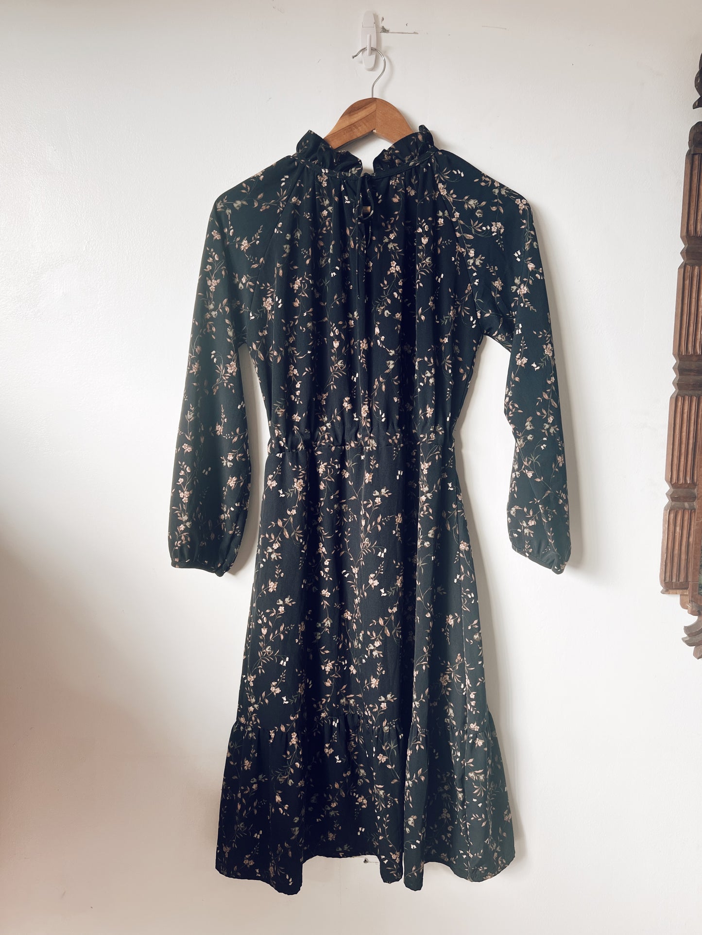 Black Floral with Ruffle Collar Long Sleeve Dress