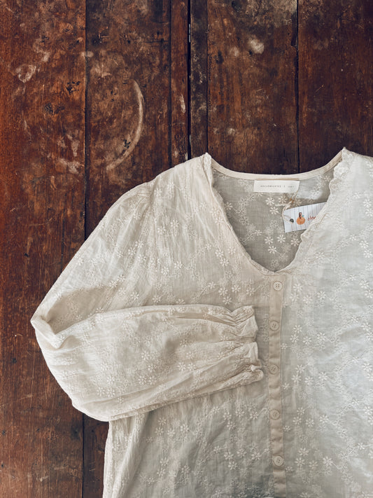 Floral Embroidered Cream Long Sleeve Blouse