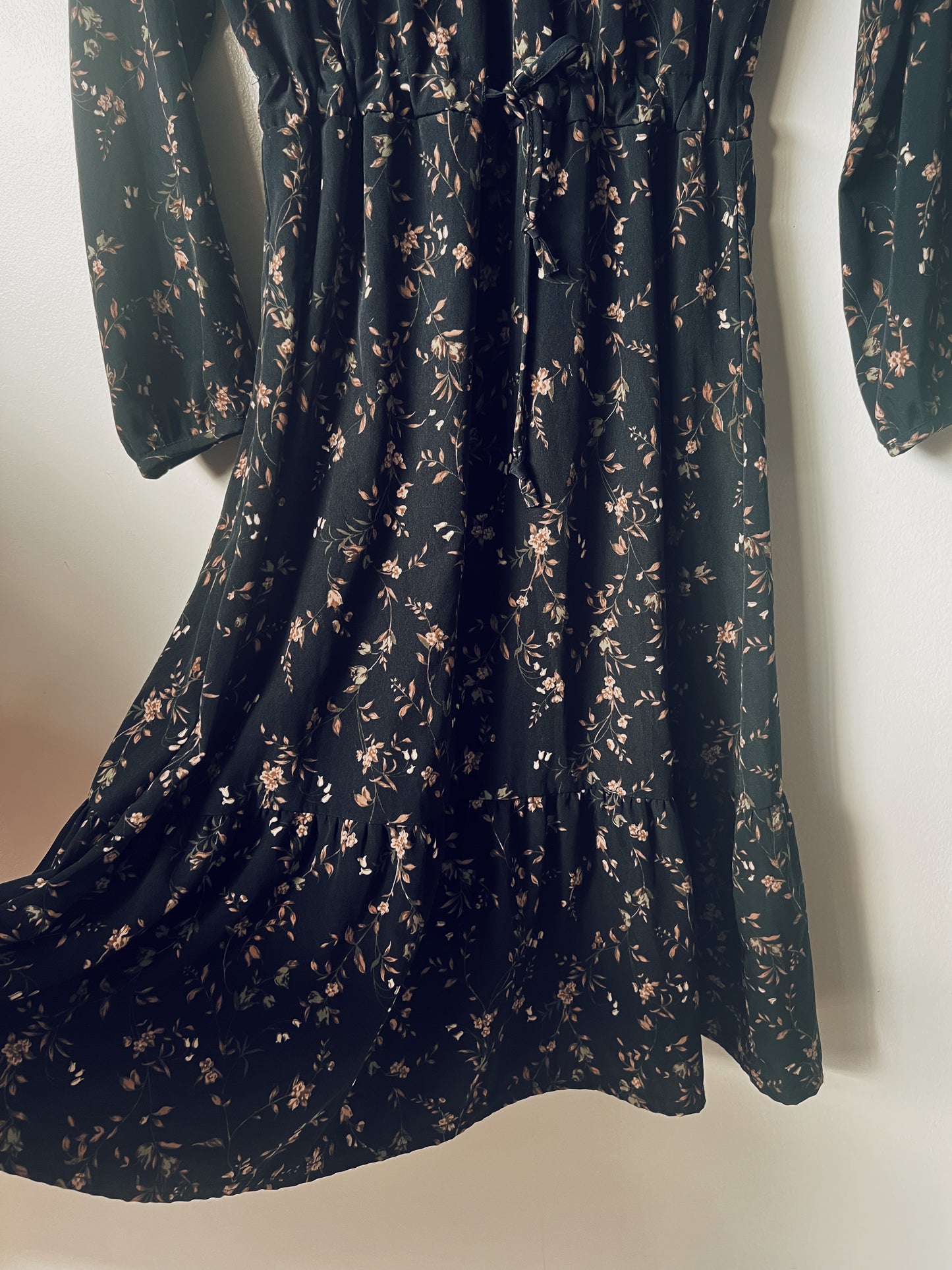 Black Floral with Ruffle Collar Long Sleeve Dress