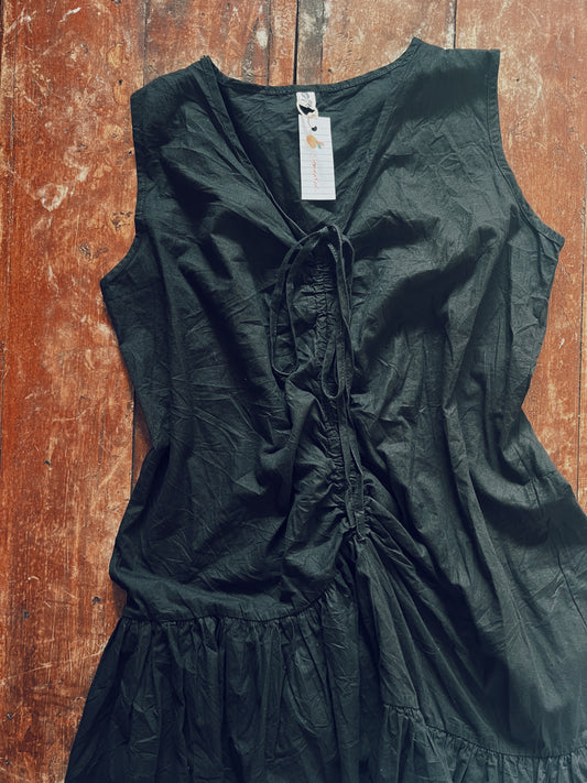 Black Sleeveless Ruched Ruffle Dress