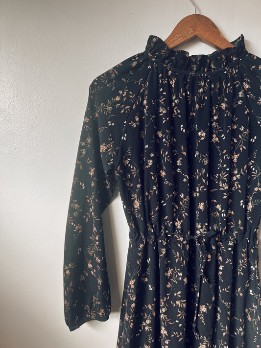 Black Floral with Ruffle Collar Long Sleeve Dress