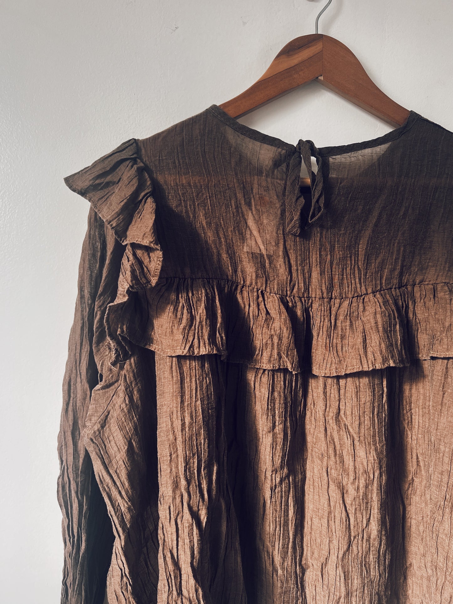 Brown Ruffle Long Sleeve Blouse