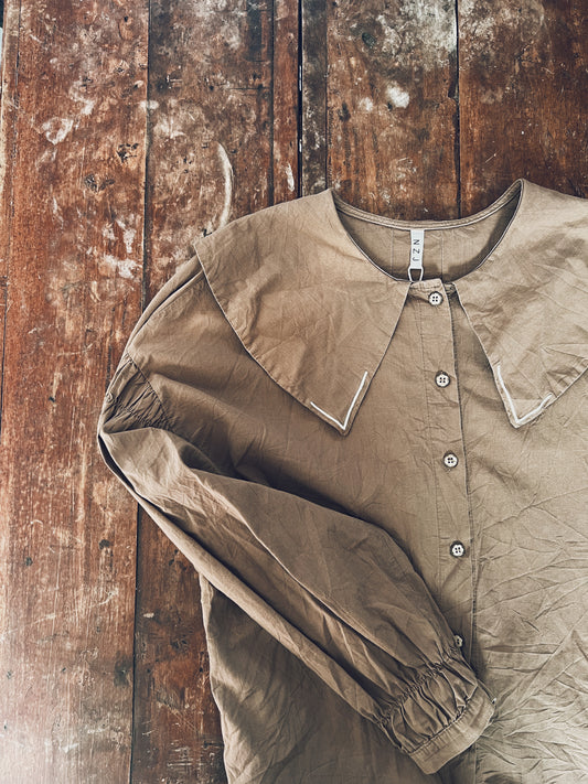 Big Round Collar Brown Long Sleeve Blouse