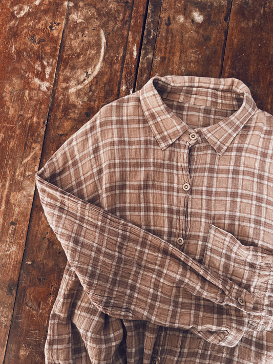 Brown Oversize Checkered Long Sleeve Blouse