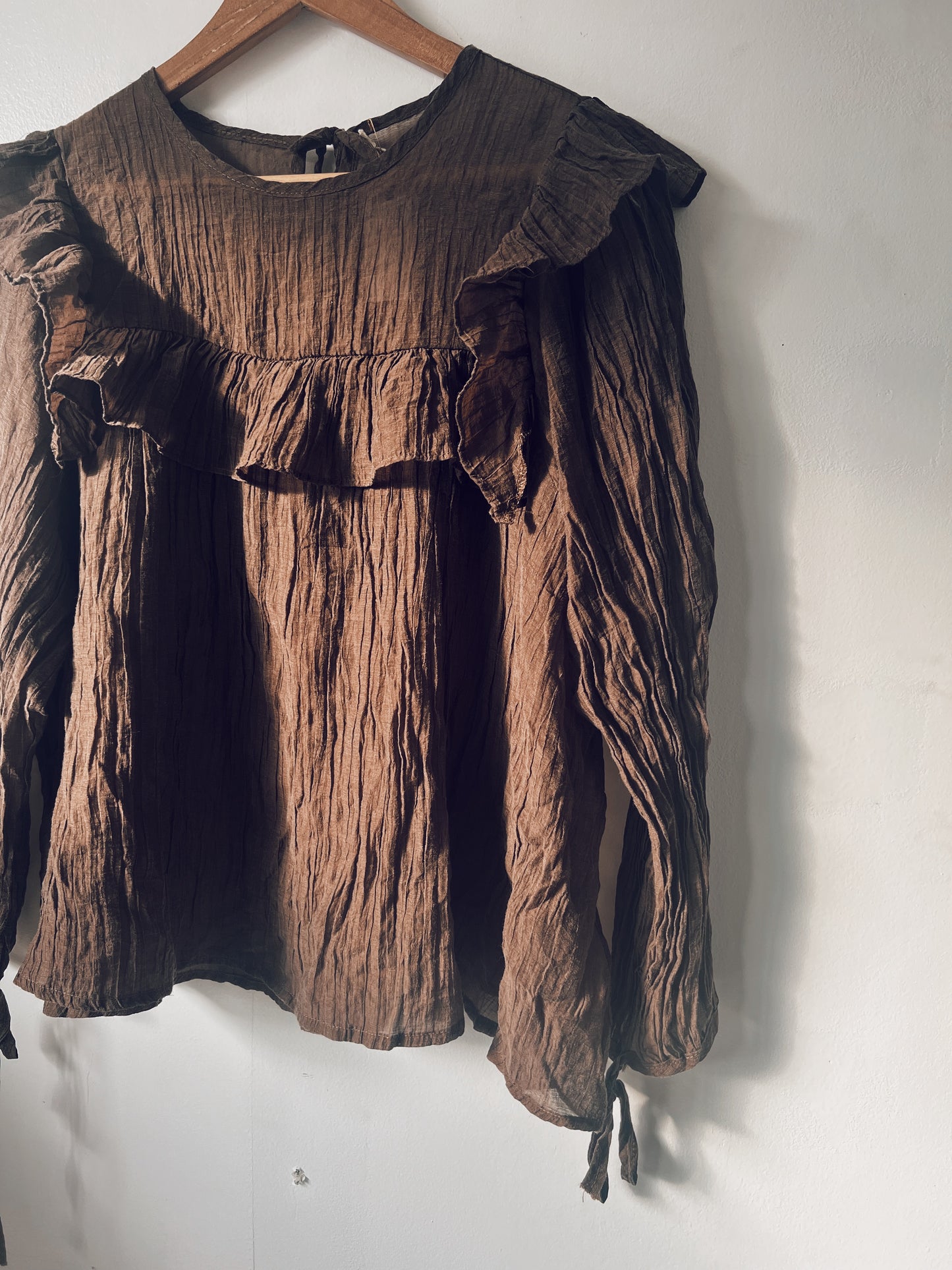 Brown Ruffle Long Sleeve Blouse