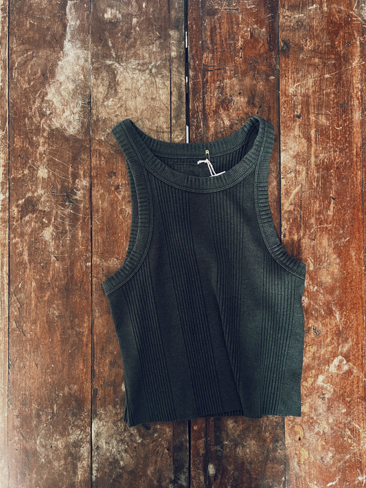 Faded Black Ribbed Racerback Cropped Tank Top