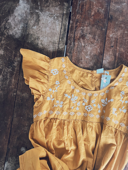 Golden Yellow with Embroidery Short Sleeve Dress