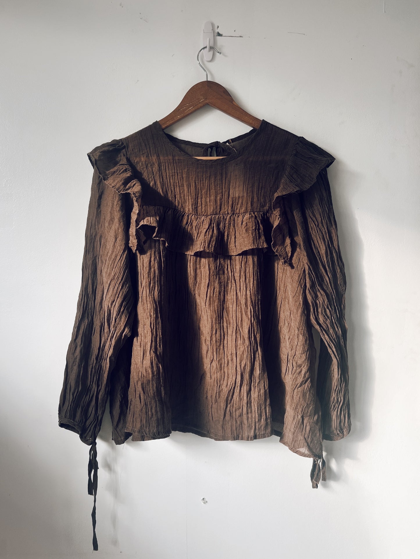 Brown Ruffle Long Sleeve Blouse